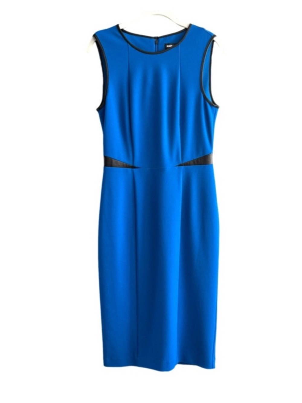 Karl Lagerfeld Sleeveless Dress Leather Trim Crepe Sheath Blue Black  Size 4